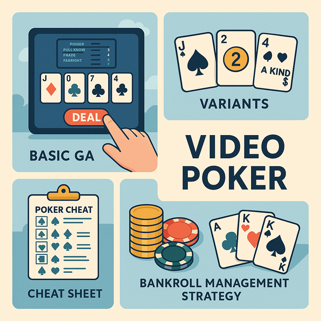 Illustrated breakdown of video poker basics, variants, cheat sheets, and bankroll management tips