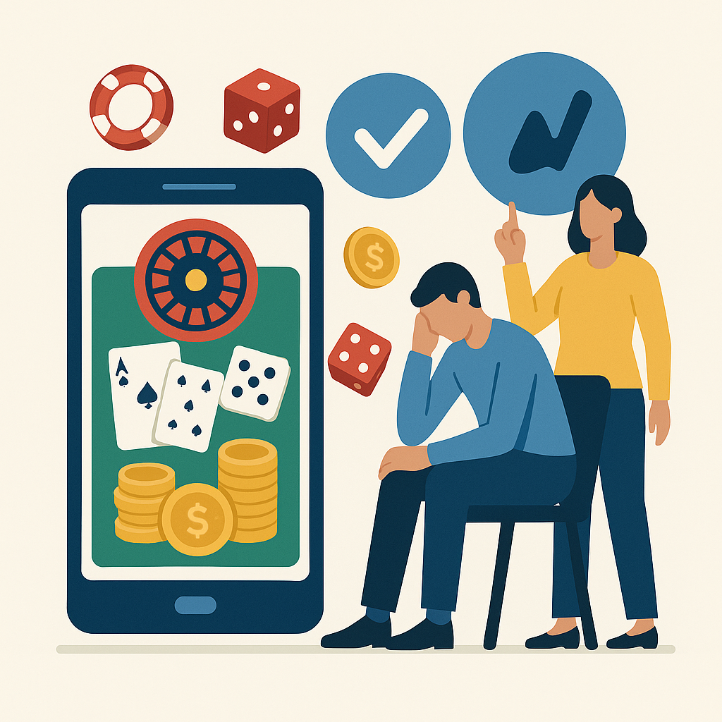 Illustration showing both the benefits and risks of online gambling, including a smartphone casino game, coins, cards, and two human figures representing decision-making